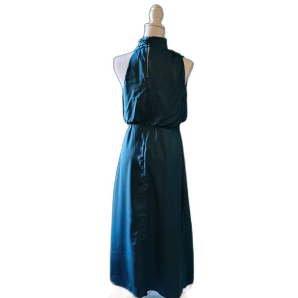 CALEBGAR Lake Blue Satin Dress Mock Neck Elastic Waist Maxi Dress Sz M - Picture 4 of 8